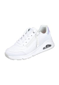 Zapatillas deportivas blancas con diseño perforado, cordones, acentos plateados y características de amortiguación de aire transparente. Tejido texturizado y suela de goma.
