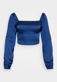 Námořnická modrá saténová zkrácená blůza s dlouhými puff rukávy, čtvercovým výstřihem a elastickými manžetami. Hladká textura s pevnou siluetou.