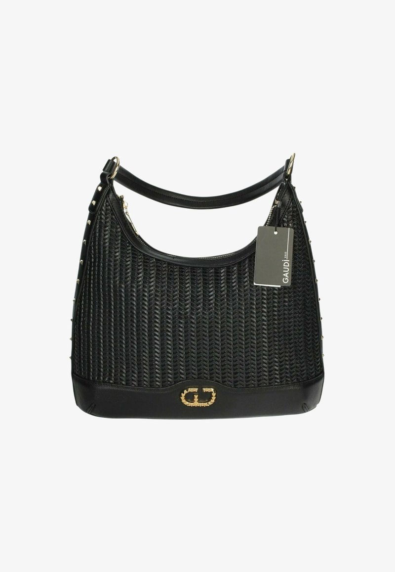 Borsa nera con texture intrecciata, dettagli in metallo dorato e borchie ai lati. Manico superiore per un facile trasporto.