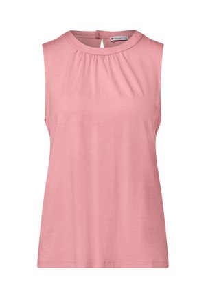 Top sans manches rose en tissu doux, avec un col rond, un détail plissé à l'avant et une petite ouverture en forme de clé à l'arrière.