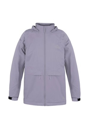 Helle lila Outdoor-Jacke mit Reißverschluss vorne, hohem Kragen, elastischen Bündchen und einer Fronttasche. Das Material wirkt glatt und wasserabweisend.