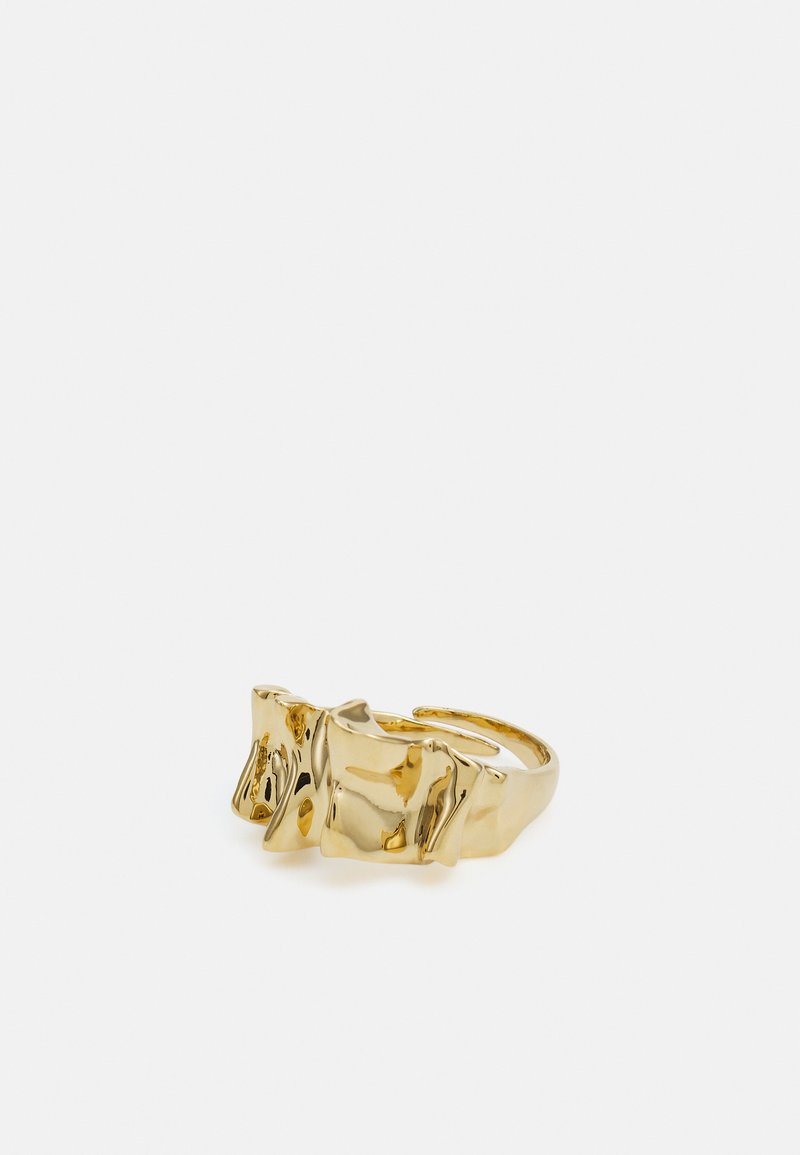 Gold ring with textured, wavy design featuring three prominent peaks. Smooth, shiny surface with an open band for adjustable fit.