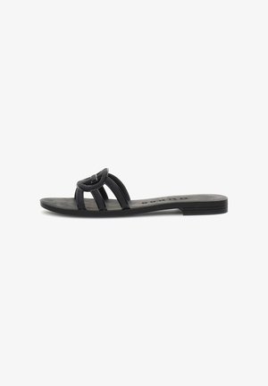 Black flat slide sandal with three horizontal straps and a circular decorative element on top, side view on white background.