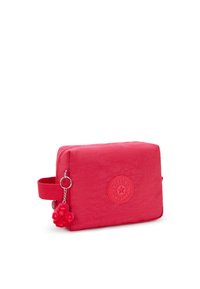 Borsa cosmetica rettangolare rosa realizzata in nylon texturizzato, con chiusura a zip, manico laterale e un accento pom-pom al legame.