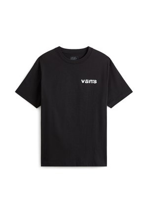 Camiseta negra de manga corta con logo blanco de Vans que presenta una huella de pata en la letra "a" en el pecho izquierdo.