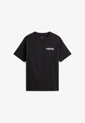 Camiseta negra de manga corta con logo blanco de Vans que presenta una huella de pata en la letra "a" en el pecho izquierdo.