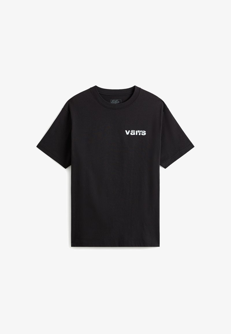 T-shirt noir à manches courtes avec un logo blanc Vans comportant une empreinte de patte dans la lettre « a » sur la poitrine gauche.