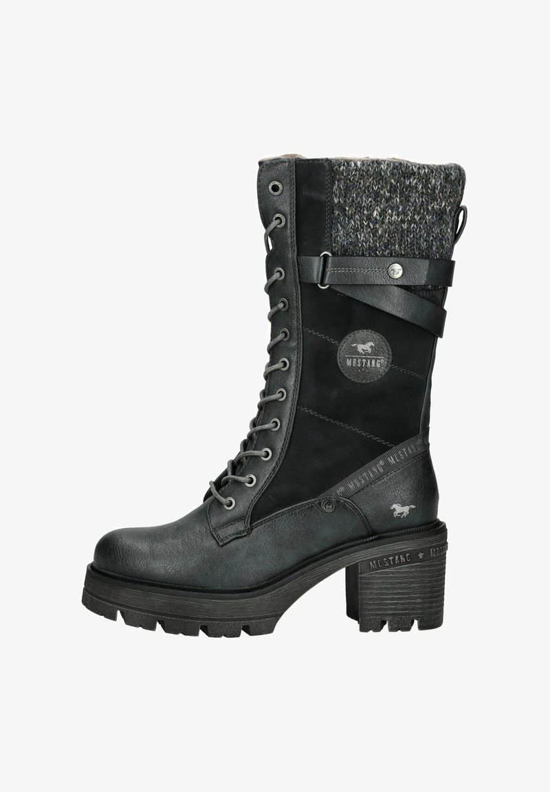Laced black leather boot with a gray knitted shaft, decorative strap, chunky heel, and logo detail on the side and sole.