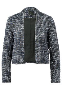 Námořnická a bílá tweedová bunda s texturovaným povrchem, otevřeným předním dílem, dlouhými rukávy a bez zapínání. Vnitřek je z jednobarevné černé látky.