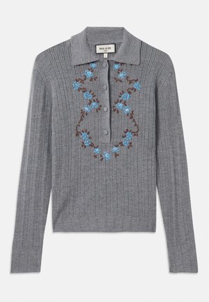 Gray ribbed knit cardigan with a collared neck, buttons down the front, and embroidered blue flowers on the chest. Textured fabric and fitted style.