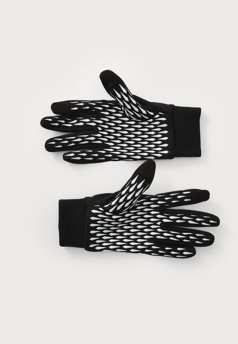 Schwarze Handschuhe mit einem strukturierten, weißen Diamantmuster auf Handflächen und Fingern. Verfügen über schwarze Handgelenkbündchen für einen engen Sitz.