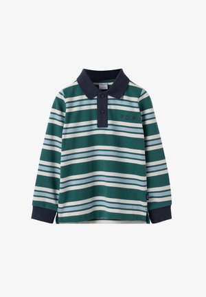 Groene polo met lange mouwen, voorzien van witte en lichtblauwe horizontale strepen, marineblauwe kraag en manchetten, en "P.O.P" geborduurd op de borst.