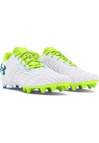 Scarpe da calcio bianche con un design testurizzato, con accenti e lacci di un vivace verde e dettagli blu sulle suole per una migliore aderenza.