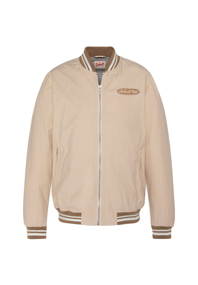 Beige Bomberjacke mit Reißverschluss vorne, gerippten Bündchen und Saum sowie einem gestickten Logo-Patch. Verfügt über kontrastierende braune und weiße Streifenakzente.