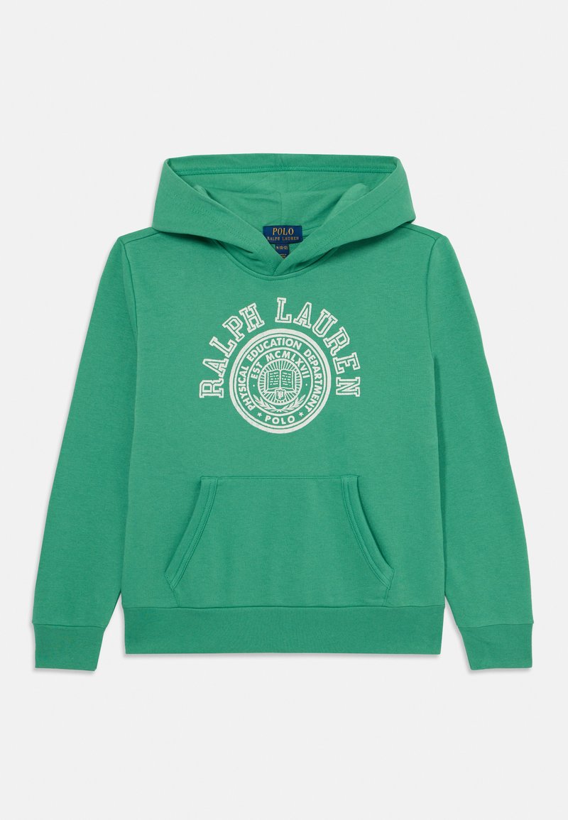 Πράσινη φούτερ ζακέτα από βαμβακερό μείγμα, με μπροστινή τσέπη καγκουρό, ραμμένες μανσέτες και λευκό κυκλικό σχέδιο λογότυπου στο στήθος.