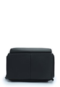 Black leather bag with a textured finish, rectangular shape, and a flat top. Features side pockets and a smooth closure.