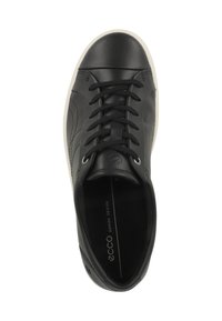 Black leather sneaker with a rounded toe, lace-up design, signature logo, and textured rubber sole. Interior features sleek lining.