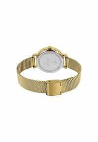 Goldmesh-Armbanduhr mit rundem Gehäuse, silberfarbigem Rücken und einer einfachen Krone. Verfügt über einen sicheren Verschluss und eine glatte Oberfläche.