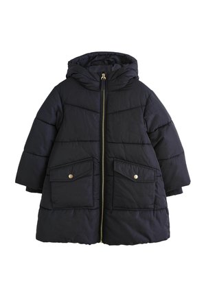 Sort hættevest med forlynlås og to store klaplommer med trykknapper, designet til koldt vejr.