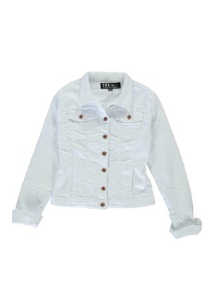 Witte denimjas met een kraag, lange mouwen, knoopsluiting met een paarse knopen en twee voorzakken. Getextureerde stof met een getailleerd ontwerp.