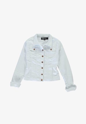 Witte denimjas met een kraag, lange mouwen, knoopsluiting met een paarse knopen en twee voorzakken. Getextureerde stof met een getailleerd ontwerp.