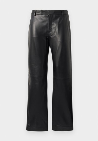 Black straight-leg faux leather pants with belt loops and a concealed front closure, displayed on a white background.