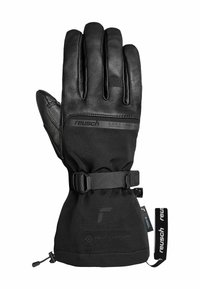 Black gloves made of leather with a softshell upper, featuring a strap for secure fit, heat capture system, and textured palm for grip.