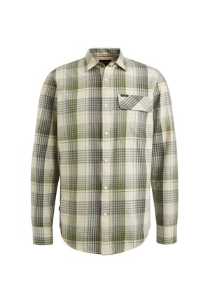 Beżowa koszula z długim rękawem, zapinana na guziki, w zielono-szary wzór w kratę, z lewą kieszenią na piersi z kontrastowym wzorem w kratę.