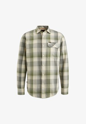 Lange mouwen, knoop-up shirt in beige met een groen en grijs ruitpatroon, met een linkse borstzak met een contrasterend ruitdesign.