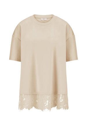 Beige short-sleeve shirt with round neck and lace trim at the hem on a white background.