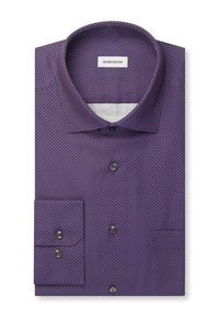 Chemise violette à manches longues pliée avec motif losange bleu, devant et poignets boutonnés, et col pointu.