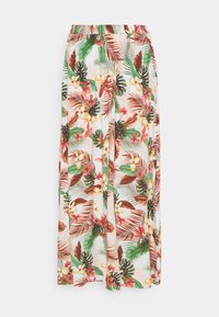 Gonna maxi con stampa floreale tropicale in verde, rosso, giallo e marrone su sfondo bianco, con cintura elasticizzata.