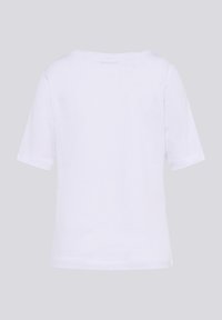 Weißes Baumwoll-T-Shirt mit rundem Halsausschnitt, kurzen Ärmeln und geradem Saum. Keine sichtbaren Muster oder Grafiken auf der Rückseite.
