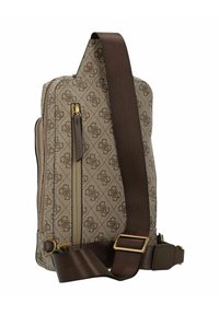 Borsa a tracolla marrone con motivo, in tessuto strutturato, dotata di una tracolla regolabile, chiusura con cerniera e dettagli in metallo color oro.