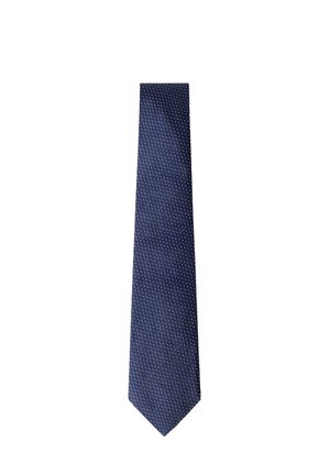 Corbata azul marino con un pequeño patrón de puntos blancos, mostrada extendida sobre un fondo blanco.