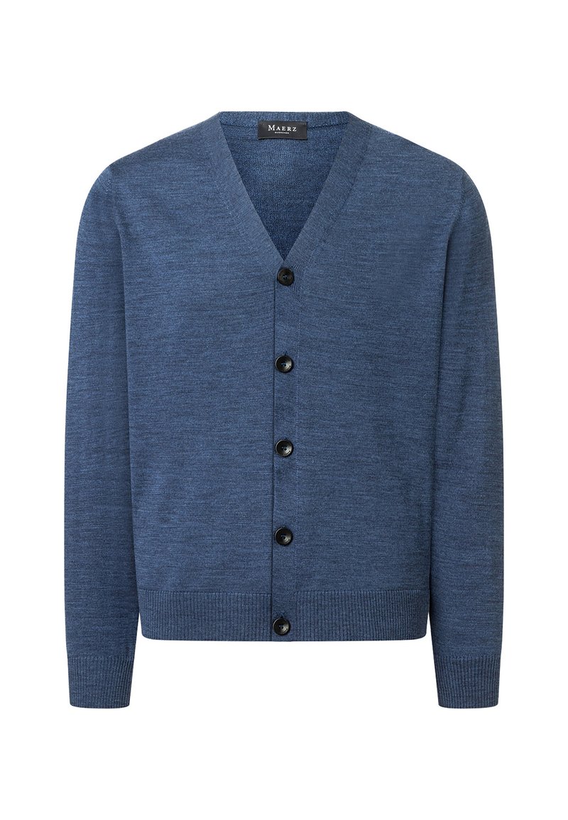 Blue cardigan made from soft knit material. Features a V-neck, front buttons, and ribbed cuffs and hem. Smooth texture with no patterns.