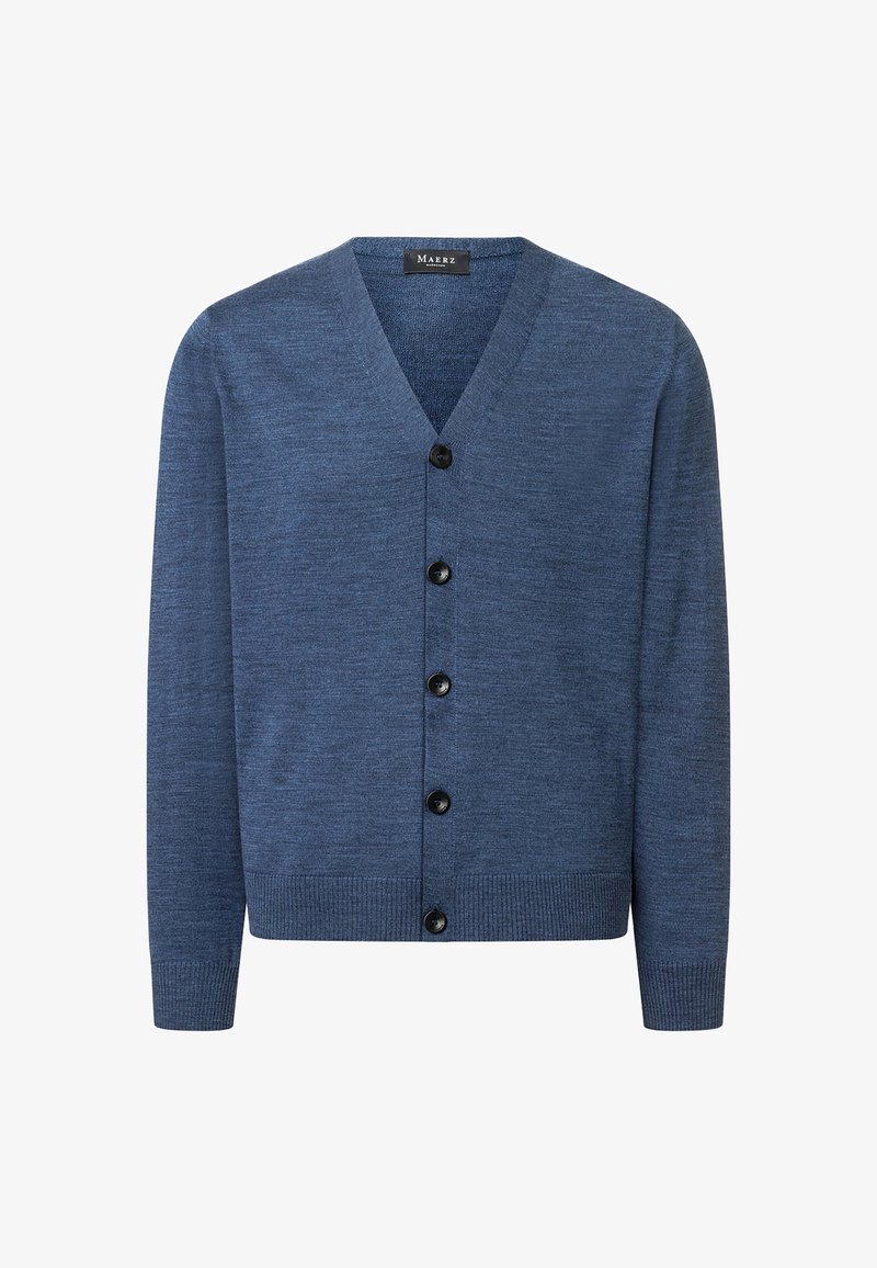 Blue cardigan made from soft knit material. Features a V-neck, front buttons, and ribbed cuffs and hem. Smooth texture with no patterns.