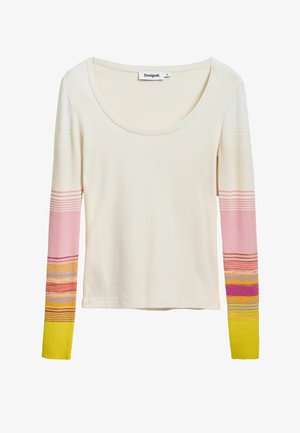 Hosszúujjú felső krém színben, bordázott textúrával. Pasztell rózsaszín, piros és sárga csíkos díszítéssel a ujján. Kerek nyakú kialakítás.