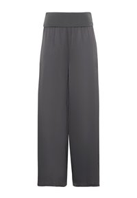 Pantaloni a gamba larga di colore grigio scuro, realizzati in un tessuto morbido. Presentano una vita elastica e un design fluido per comfort e libertà di movimento.