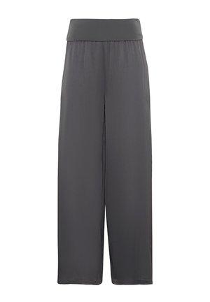 Pantaloni a gamba larga di colore grigio scuro, realizzati in un tessuto morbido. Presentano una vita elastica e un design fluido per comfort e libertà di movimento.