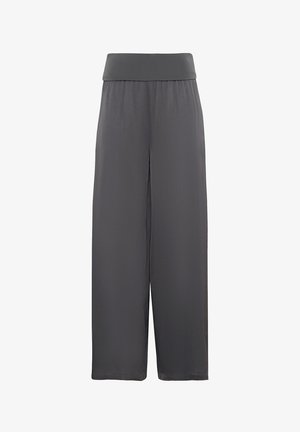Wide-leg trousers in dark gray, made from a smooth fabric. Features a stretchy waistband and flowy design for comfort and ease of movement.