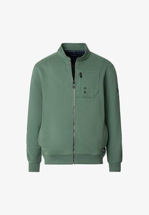 Grüne Jacke mit Reißverschluss aus glattem Stoff, mit Stehkragen, vorderer Tasche mit Knöpfen und gerippten Bündchen und Saum.