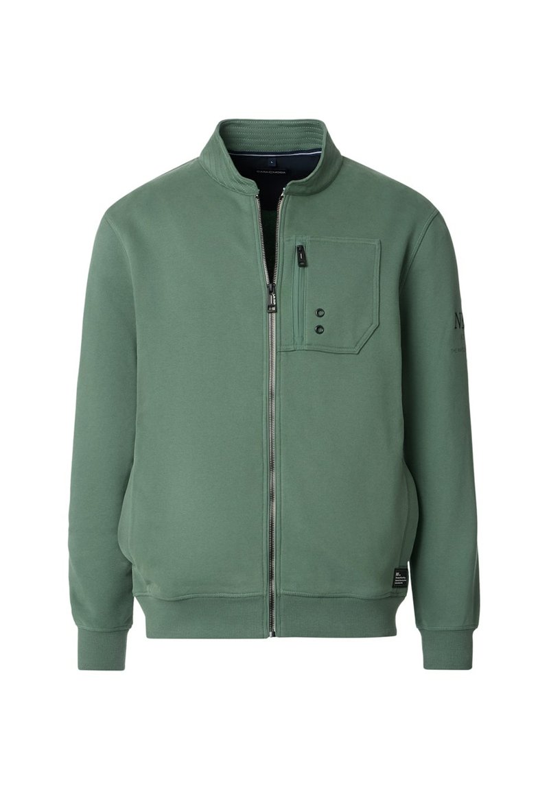 Veste zippée verte en tissu lisse, dotée d'un col montant, d'une poche avant à boutons, ainsi que de poignets et d'un ourlet côtelés.