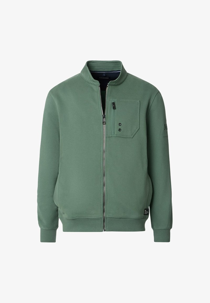 Veste zippée verte en tissu lisse, dotée d'un col montant, d'une poche avant à boutons, ainsi que de poignets et d'un ourlet côtelés.