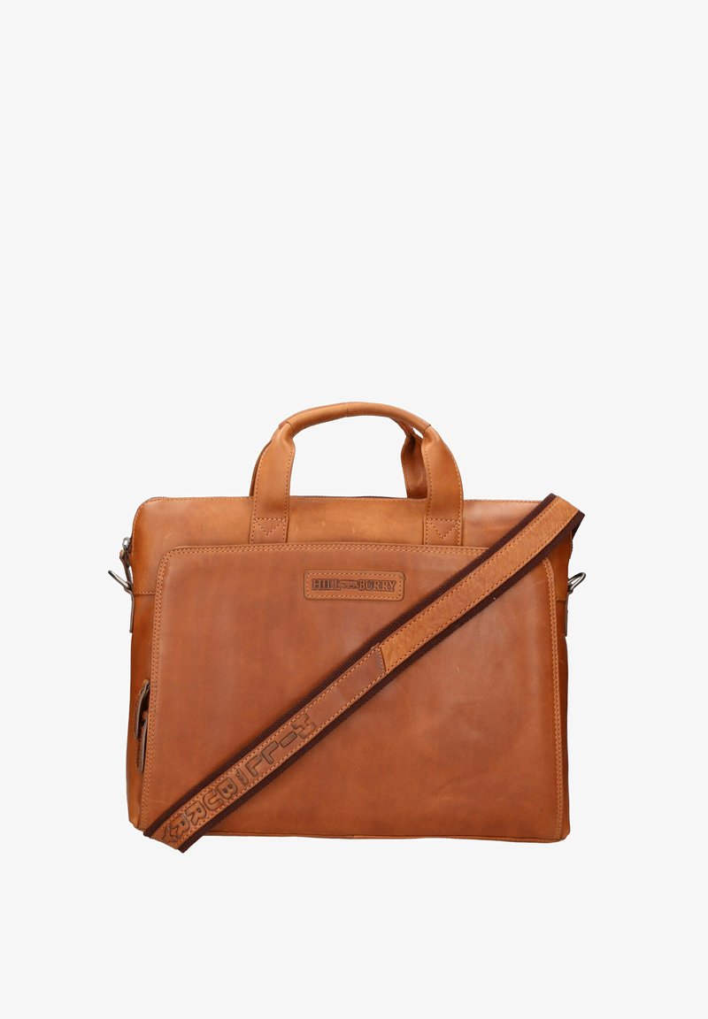 Brown leather briefcase with two top handles, adjustable shoulder strap, front zipper pocket, and embossed logo detail. Smooth texture.