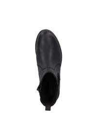 Bottine en cuir noir à bout arrondi, avec fermeture éclair sur le côté et détails de couture contrastants le long du bord. Texture lisse, design minimal.