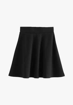 Czarna spódnica o rozszerzanym kształcie z dopasowanym pasem, wykonana z gładkiego, elastycznego materiału. Posiada długość do kolan i subtelny fason w kształcie litery A.