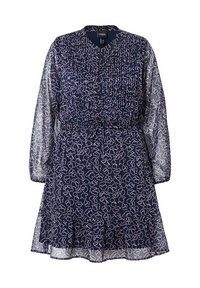 Marineblaues Kleid mit einem floralen Muster in Hellrosa. Es hat ein gerafftes Oberteil, lange transparente Ärmel und einen gestuften Rüschensaum.