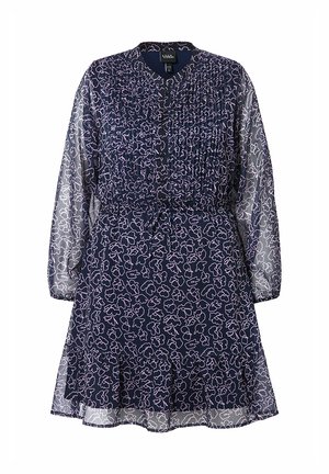 Námořnická modrá šaty s květinovým vzorem v jemně růžové barvě. Obsahují řasený korzet, dlouhé průhledné rukávy a vícevrstvý nařasený lem.