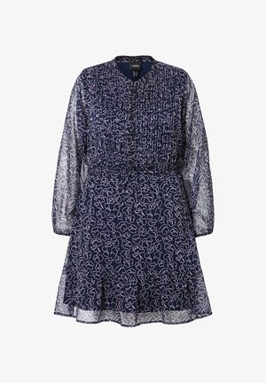 Vestido azul marino con un patrón floral en rosa claro. Presenta un corsé fruncido, mangas largas y transparentes, y un dobladillo en capas con volantes.